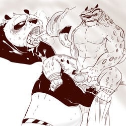 1:1 2020 absurd_res anthro barazoku belly blush bodily_fluids cum cum_on_face dreamworks duo felid genital_fluids genitals giant_panda hi_res kemono kung_fu_panda male male/male male_only mammal master_po_ping moku_nameko muscular muscular_male overweight overweight_male pantherine penis sitting snow_leopard tai_lung_(kung_fu_panda) ursid