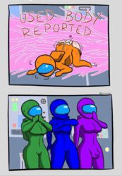 1futa 2koma 3girls among_us blue_(among_us) blush bodysuit cum cum_in_ass cum_inflation cum_on_ass defeated fucked_silly fully_clothed futanari gameplay_mechanics green_(among_us) humanoid mind_break orange_(among_us) purple_(among_us) sweatdrop torn_clothes torn_clothing yvrachi