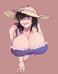 bent_over big_breasts bikini bikini_top crawling facing_viewer frills gigantic_breasts huge_breasts kekbun large_breasts on_knees purple_eyes smile straw_hat swimsuit tight_clothes tight_clothing