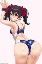 arms_up ass black_hair blue_swimsuit bondage bound bound_wrists breasts cameltoe crying cum cum_on_ass cum_on_body cum_on_lower_body female from_behind gag gagged highres improvised_gag long_hair looking_at_viewer looking_back love_live! love_live!_school_idol_project one-piece_swimsuit paolo_espana red_eyes school_swimsuit seraphimthrone shiny shiny_hair shiny_skin simple_background solo standing swimsuit tape tape_gag taped_mouth tears twintails white_background yazawa_nico