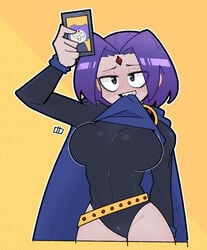 1girls big_breasts dc dc_comics female female_only forehead_jewel fully_clothed grey_skin malmijal_hyang marumi_scent purple_eyes purple_hair rachel_roth raven_(dc) selfie short_hair solo superheroine teen_titans tight_clothing wide_hips