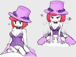 ! 1boy 1girls 1male blush bowtie breasts clothed_sex cowgirl_position ellie_rose enjoying hearts_around_head henry_stickmin henry_stickmin_(game) mob_face on_belly passionate petthepeepo pink_hat red_hair rose sex smile stickman straight thick_thighs top_hat