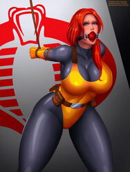 1girls arms_behind_back ball_gag blue_eyes blush bodysuit bondage bound breasts captured captured_heroine cleavage clothed defeated defeated_heroine female female_only g.i._joe gag gloves hasbro hi_res huge_breasts leaning_forward leotard long_hair looking_at_viewer red_hair scarlett_(g.i._joe) skin_tight solo solo_focus svoidist tied_up