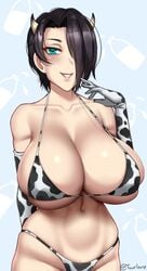 1girls big_breasts bikini breasts cleavage cow_bikini cow_print female female_only huge_breasts large_breasts looking_at_viewer saya_(twrlare) solo twrlare