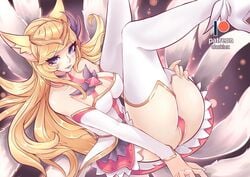 2017 ahri blonde_hair blue_eyes breasts darklux fox_ears fox_tail league_of_legends panties red_panties riot_games star_guardian_ahri star_guardian_series upskirt