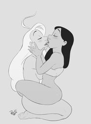 2girls black_and_white blush closed_eyes disney embrace female female_only greyscale hand_on_another's_face kissing leg_lock lifeguard_(lilo_and_stitch) lilo_and_stitch long_hair monochrome nani_pelekai nude open_mouth pechi plain_background romantic romantic_couple sitting_on_lap straight_hair yuri