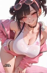1girl ai_generated artist_name bangs bare_shoulders black_choker black_hair blunt_bangs blush breasts choker cleavage collarbone double_bun earrings eyewear_on_head goddess_of_victory:_nikke grin hair_bun hairband hand_on_hip jacket jewelry large_breasts leaning_forward long_sleeves looking_at_viewer mole mole_under_eye off_shoulder official_alternate_costume open_clothes open_jacket pink_jacket red_eyes see-through sensitive short_hair shorts simple_background smile solo sora_(nikke) sports_bra sunglasses sweat tank_top thigh_gap thighs underwear white_background