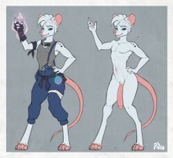 4_toes 5_fingers anthro big_penis blue_eyes claws clothing digital_media_(artwork) engineer_(profession) feet femboy fingers flaccid fluffyminx fur fur_markings genitals hi_res magic male mammal markings model_sheet mohawk murid murine nude overalls paws penis potion rat rodent simple_background slim smile solo spell star tail thick_thighs toes white_body white_fur