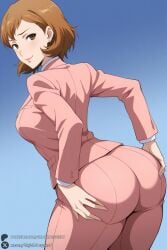 1female 1girl 1girls 2026 ai_generated artist_name ass ass_grab bangs big_ass big_breasts blue_background blush breasts brown_eyes brown_hair closed_mouth curvy earrings formal from_behind grabbing_own_ass gradient gradient_background hi_res high_quality high_resolution highres huge_ass huge_breasts jacket jewelry large_breasts lips long_sleeves looking_at_viewer looking_back pants pantylines patreon patreon_username persona persona_3 pink_jacket pink_pants short_hair simple_background smile solo suit takeba_yukari toriumi_isako unjobdespiert watermark
