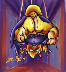 alphys anthro awkward_smile big_butt blush butt butt_focus colored dated deltarune dialogue english_text feet female first_person_view flustered foot_focus hallway hanging_upside_down lightner lizard looking_at_viewer nerd overweight overweight_female reptile scalie shaded signature solo tail text undergreysnest undertale undertale_(series) upside_down vampire_costume watermark yellow_body