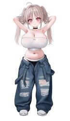 1girl absurdres armpits arms_behind_head arms_up black_choker black_panties breasts brown_hair choker cleavage commentary denim full_body highres huge_breasts long_hair looking_at_viewer madan_(kkh8936) midriff navel open_fly original panties pants pink_eyes shoes shortstack simple_background smile solo standing strapless torn_clothes torn_pants tube_top twintails underwear veins veiny_breasts white_background white_shoes white_tube_top