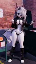 3d 3d_(artwork) alley alleyway annoyed annoyed_expression areola areolae artist_logo artist_name barefoot barrier blender building choker clothed clothed_female damaged_ear dumpster ear_piercing ear_tuft evening female_focus female_only flipping_off flipping_the_bird flipping_viewer_off furry furry_female furry_only helluva_boss leather leather_boots leather_clothing leather_harness leather_jacket long_hair looking_at_phone loona_(bysamzan) loona_(helluva_boss) muffintop20 nipple_tape on_phone outdoors outside panties partially_clothed pasties pentagram red_sclera self_upload small_breasts solo solo_female torn_ear watermark white_eyes white_fur white_hair wolf wolf_ears wolf_girl wolf_humanoid wolf_tail