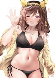 1girls belly belly_button big_breasts bikini bikini_bottom bikini_top black_bikini breasts brown_hair buena_vista_(umamusume) female female_only horse_ears horse_girl horse_tail one_eye_closed open_mouth pink_eyes solo solo_female umamusume