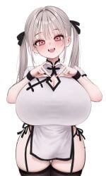 1girl absurdres black_thighhighs blush breasts china_dress chinese_clothes cleavage commentary curvy dress grey_hair heart heart_hands highres huge_breasts long_hair looking_at_viewer madan_(kkh8936) open_mouth original pink_eyes shortstack simple_background smile solo teeth thighhighs twintails upper_teeth_only white_background white_dress