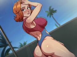 1milf 2d anna_lair ass bath big_ass big_breasts blue_leotard blue_sky bubble_ass bubble_butt cartoon_milf cartoon_mom disney female game_cg hand_on_head leotard light-skinned_female light_skin looking_at_viewer looking_back milf mother no_ai one-piece_swimsuit orange_hair outdoors red_leotard short_hair shower showering sleeveless solo somka108 swimsuit two-tone_one-piece_swimsuit w.i.t.c.h. wet_body