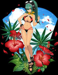 1girls alternate_color bikini bikini_bottom bikini_top bra breasts cleavage clothed flower green_hair hair_over_one_eye hand_on_hip headphones hibiscus high_heels layer long_hair mega_man mega_man_x official_art panties parted_lips red_eyes reploid robot robot_girl robot_joints scarf solo swimsuit swimsuit_layer_(x_dive)