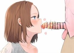 1boy 1girls ai_generated blonde blonde_female blonde_hair blowjob blue_eyes blush blushing clothed clothing cuckold cuckolding dirty fellatio licking licking_penis ntr oral original_character petite petite_body short_hair size_difference smegma submissive submissive_female tongue tongue_out