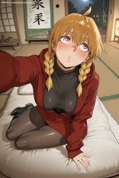 1girl ai_generated blonde_hair blush braid breasts from_above gabby_(yomi_no_tsugai) hair_over_shoulder hi_res high_quality high_resolution hood jacket long_hair looking_at_viewer looking_up medium_breasts pantyhose parted_lips patreon reaching_out savvyraexo seductive sexy sitting skirt solo sweater twin_braids uncensored watermark yomi_no_tsugai