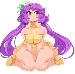 1girls 2025 benben_tsukumo big_breasts blush breasts cleavage female flower flower_in_hair jackyyeah knees_together_feet_apart large_breasts pink_eyes purple_hair sitting sitting_down solo thick_thighs thighs touhou twintails
