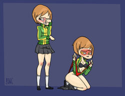 blush digitalwedgieart embarrassed persona persona_4 satonaka_chie self_wedgie shoulder_wedgie skirt wedgie