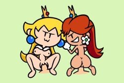 2girls accurate_art_style doggy_style female_focus floating_penis lisnotsfw looking_at_viewer mario_(series) nintendo penis_in_pussy pov princess_daisy princess_peach super_mario_bros. terminalmontage vaginal_penetration