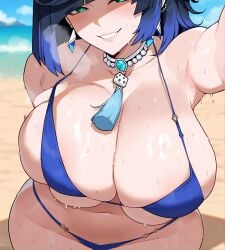 1girls ai_generated beach big_breasts black_hair blue_hair breasts erodreams female genshin_impact green_eyes hair light-skinned_female light_skin multicolored_hair short_hair solo solo_female tagme yelan_(genshin_impact)