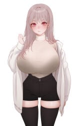 1girl arm_at_side black_shorts black_thighhighs blush bra bra_visible_through_clothes bralines breasts closed_mouth coat covered_erect_nipples cowboy_shot curvy hand_up highres huge_breasts light_brown_hair long_hair looking_at_viewer madan_(kkh8936) nose open_clothes open_coat original pink_eyes short_shorts shorts shortstack simple_background skindentation solo straight-on straight_hair sweater sweater_tucked_in taut_clothes taut_sweater thighhighs turtleneck turtleneck_sweater underwear white_background wide_hips