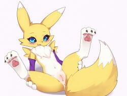 3_fingers 3_toes anthro anus bandai_namco belly blue_eyes butt canid claws clitoris digimon digimon_(species) ear_markings feet female flong fur legs_up mammal nipples nude renamon tail vulva