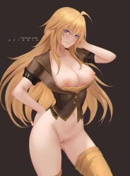 aztodio blonde_hair jacket large_breasts long_hair navel nipples purple_eyes pussy rwby thighhighs thighs wide_hips yang_xiao_long yellow_thighhighs