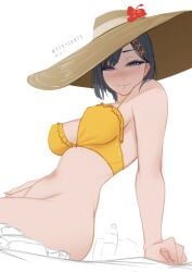 bikini black_eyes black_hair bob_cut bottomless breasts crop_top cropped_sweater female indonesian nijisanji nijisanji_id nijisanji_indonesia nipple_bulge security security_guard short_hair showing_off siska_leontyne sweater underwear virtual_youtuber
