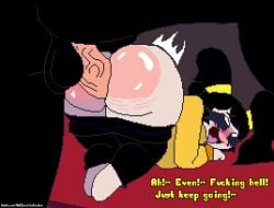 blush blushing cassidy_(fnaf) chaoticdream crying_child_(fnaf) dialogue english_text female five_nights_at_freddy's fucked_from_behind human pants_down pigtails pixel pixel_(artwork) pixel_art self_upload sex simple_background straight sweater tagme text tongue tongue_out unseen_male_face