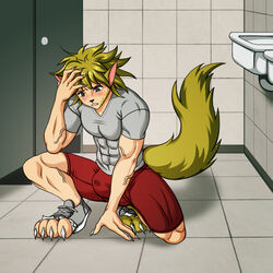 1:1 abs anthro bathroom black_nose blonde_hair bodily_fluids bulge canid canine canis claws clothing crouching door feet forced forced_transformation fur genital_fluids growth hair hand_on_floor hand_on_forehead hand_on_head hi_res human humanoid male male_only mammal messy_hair muscle_growth muscular paws precum precum_through_clothing scared sink solo story story_in_description toluenesister transformation were werecanid werecanine werewolf wet wet_clothing wolf worried yellow_body yellow_fur