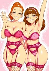 ai_generated elbow_gloves lace-trimmed_panties lace-trimmed_thighhighs lingerie mayihavesomeslops morticia_smith rick_and_morty satin_panties sisters smile summer_smith waving