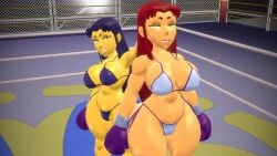 2girls 3d 3d_(artwork) belly_button big_breasts bikini blackfire boxing boxing_gloves boxing_ring camper222 dc dc_comics duo female female_only fighting_ring kabalmystic_(style) long_hair starfire teen_titans thick_thighs