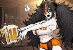 1girls ai_generated alcohol bags_under_eyes beer black_hair black_sclera black_tongue breasts cloth clothes clothing dashi_(paigen) fangs female green_eyes hat hooters hooters_uniform horror horror_(theme) jiangshi large_breasts monster_girl original original_character paigen pouch sharp_nails sharp_teeth shirt shorts undead vampire vampire_fangs vampire_girl