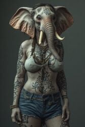 ai_assisted ai_generated animal_ears animal_humanoid anthro anthro_only anthrofied beastiality big_boobs big_breasts big_tits elephant furry furry_only human_only humanoid realistic tattoo tattoos thefinalrule