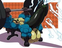 balls bench_press bobert bodybuilder cock cum dick furry hyper hyper_balls hyper_cock hyper_genitalia hyper_penis hyper_testicles lucario male male_only muscles muscular muscular_arms muscular_male muscular_thighs penis pokemon pokemon_(species) testicles veiny_penis workout
