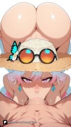 1boy 1girl :>= ai_generated artist_name ashe_(overwatch) ass bangs blizzard_entertainment blush breasts completely_nude deepthroat earrings explicit eyewear_on_head eyewear_on_headwear fellatio flower gradient_hair hair_between_eyes hat hat_flower hetero jewelry large_breasts long_hair looking_at_viewer multicolored_hair nude nyl_ashe oral overwatch overwatch_2 patreon penis pink_eyes pink_hair poolside_ashe pov purple_eyes saliva senpai_pixels simple_background solo_focus straw_hat sunglasses sweat symbol-shaped_pupils tinted_eyewear uncensored veins white_background white_hair