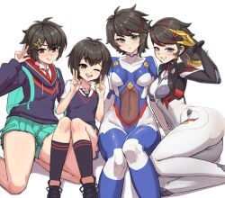 2d 2d_(artwork) asian asian_female big_ass black_hair blue_eyes blush bodysuit brown_eyes fuhikari green_eyes hair_ornament hips jacket japanese japanese_female light-skinned_female light_skin looking_at_viewer marvel marvel_comics marvel_rivals marvel_tokon:_fighting_souls mecha_pilot_suit medium_breasts medium_hair miniskirt multiple_girls peni_parker peni_parker_(earth-14512) peni_parker_(marvel_rivals) peni_parker_(marvel_tokon) posing short_hair sitting skirt small_breasts smile spider-man:_into_the_spider-verse thighs tight_clothing tongue tongue_out video_games white_background wide_hips