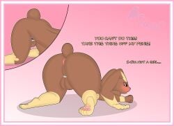 absurd_res all_fours anthro anus ass_up backsack balls begging big_butt big_ears black_sclera blush border butt chastity_cage chastity_cage_only chastity_device chastity_device_only cotton_tail dialogue embarrassed english_text gender_play generation_4_pokemon genital_focus genitals hi_res lockball looking_back lopunny love_ball male nintendo nude onesaucydragon pawpads perineum pink_background pink_border pink_chastity_cage pink_pawpads pokeball pokeball_chastity_cage pokemon pokemon_(species) rear_view simple_background solo text wearing_chastity_cage wearing_chastity_device