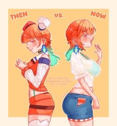 arched_back ass ass_focus belly belly_button breasts comparing embarrassed freckles hololive hololive_english hololive_myth large_breasts laugh midriff misslewd shorts small_ass smug takanashi_kiara text thick_thighs tummy versus