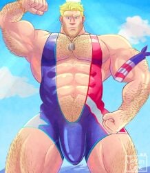 bara beach blonde_hair blue_eyes boner_under_clothes bulge captain_america captain_america_(marvel_rivals) flexing gay male male_only marvel marvel_rivals muscular muscular_male solo summer