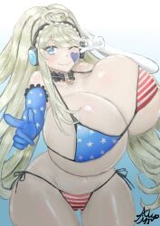 1girls ;) arms_up bikini blonde_hair blue_eyes boobs bouncing_breasts curvy duel_monster face_paint female_only fringe gloves headphones heart heart_symbol huge_breasts konami light_skin looking_at_viewer one_arm_up one_eye_closed ponytail pose seductive seductive_look seductive_smile solo standing tattoo thick_thighs trickstar trickstar_holly_angel usa_bikini voluptuous voluptuous_female woman younger_female yu-gi-oh! yu-gi-oh!_vrains