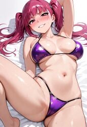1girl above_view ai_generated bikini bleach blush grin laying_down laying_on_bed on_bed riruka_dokugamine sexy_body sexy_pose smiling_at_viewer solo solo_female
