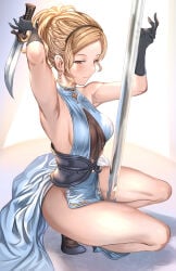 1girls aldehyde ass blonde blonde-haired_female blonde_female blonde_hair blue_dress breasts brown_eyes commentary_request djeeta_(granblue_fantasy) dress female granblue_fantasy medium_breasts official_alternate_costume short_hair sideboob