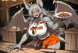 1girls ai_generated anthro bat_ears bat_nose bat_wings breasts claws cloth clothes clothing cracked_skin cracks female food gargoyle grey_hair grey_skin hooters hooters_uniform horror horror_(theme) huge_breasts monster_girl muscular muscular_female original original_character paigen petra_(paigen) pouch red_sclera sharp_nails sharp_teeth shirt shorts stone_body stone_skin tail yellow_eyes