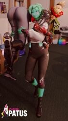 annoyed annoyed_expression ass ass_focus bangs blonde_female blonde_hair carrying carrying_another carrying_partner ella_slurp fortnite fortnite:_battle_royale latex neo_versa_(fortnite) soft soypatu_nsfw thigh_clothes versa_(fortnite)