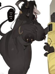 anthro areola biped black_body black_hair breasts clothed clothing dialogue female genitals girls_foundation hair hazmat_suit heart_symbol hi_res homuro human larger_female male mammal monster nipples nude pubes size_difference smaller_male speech_bubble text thick_thighs vulva yellow_clothing