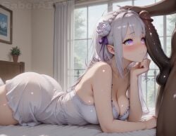1girl 1girls ai_generated ass bangs bare_shoulders bed bedroom big_breasts big_penis blush breasts chemise cleavage dark-skinned_male dark_skin dark_skinned_male elf emilia_(re:zero) flower hair_flower hair_ornament hair_ribbon hand_on_chin hetero indoors large_breasts long_hair lying lying_on_bed lying_on_stomach on_stomach penis penis_on_face pointy_ears purple_eyes re:zero_kara_hajimeru_isekai_seikatsu ribbon saberai shy submissive_female tagme thighs uncensored white_hair window