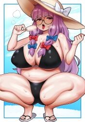 2026 artist_request belly big_breasts bikini black_bikini breasts chubby female female_only flip_flops glasses hair_ribbon hat huge_breasts legs legs_apart long_hair open_mouth patchouli_knowledge plump popsicle purple_hair ribbon round_glasses solo squatting sun_hat sweat sweating sweaty swimsuit thick thick_thighs thighs tongue tongue_out touhou